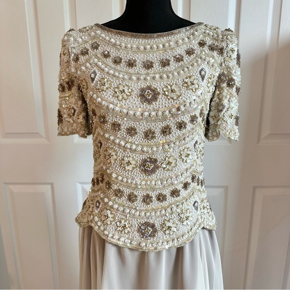 George F. Couture Champagne Hand-beaded and Silk Formal Evening Gown - Picture 2 of 10